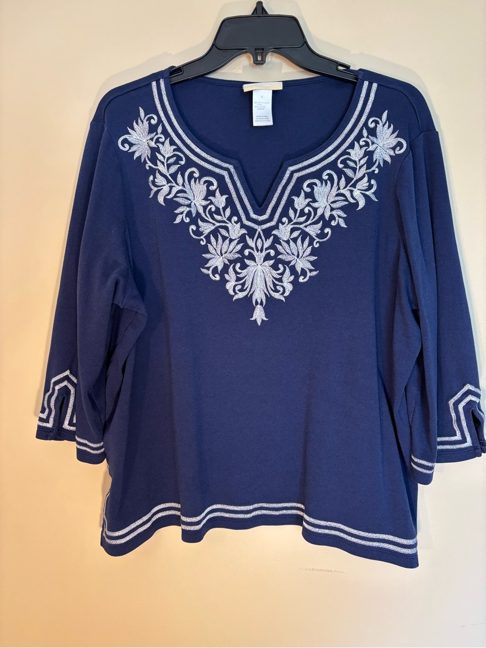 Alfred Dunner Navy Blue Tunic with White Embroidered V-Neck